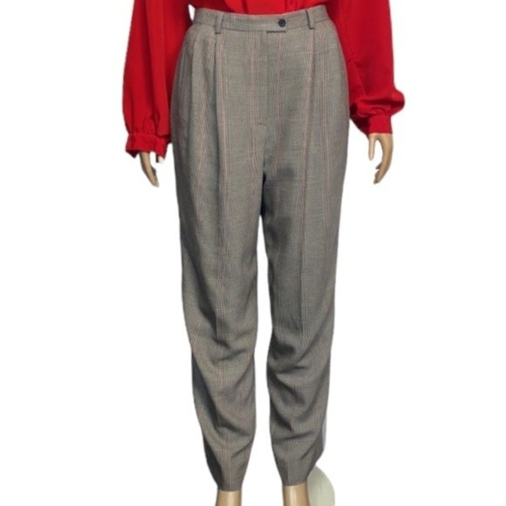 90s Evan Picone Trousers Wool Pleated High Waist Plaid tan red black size 10